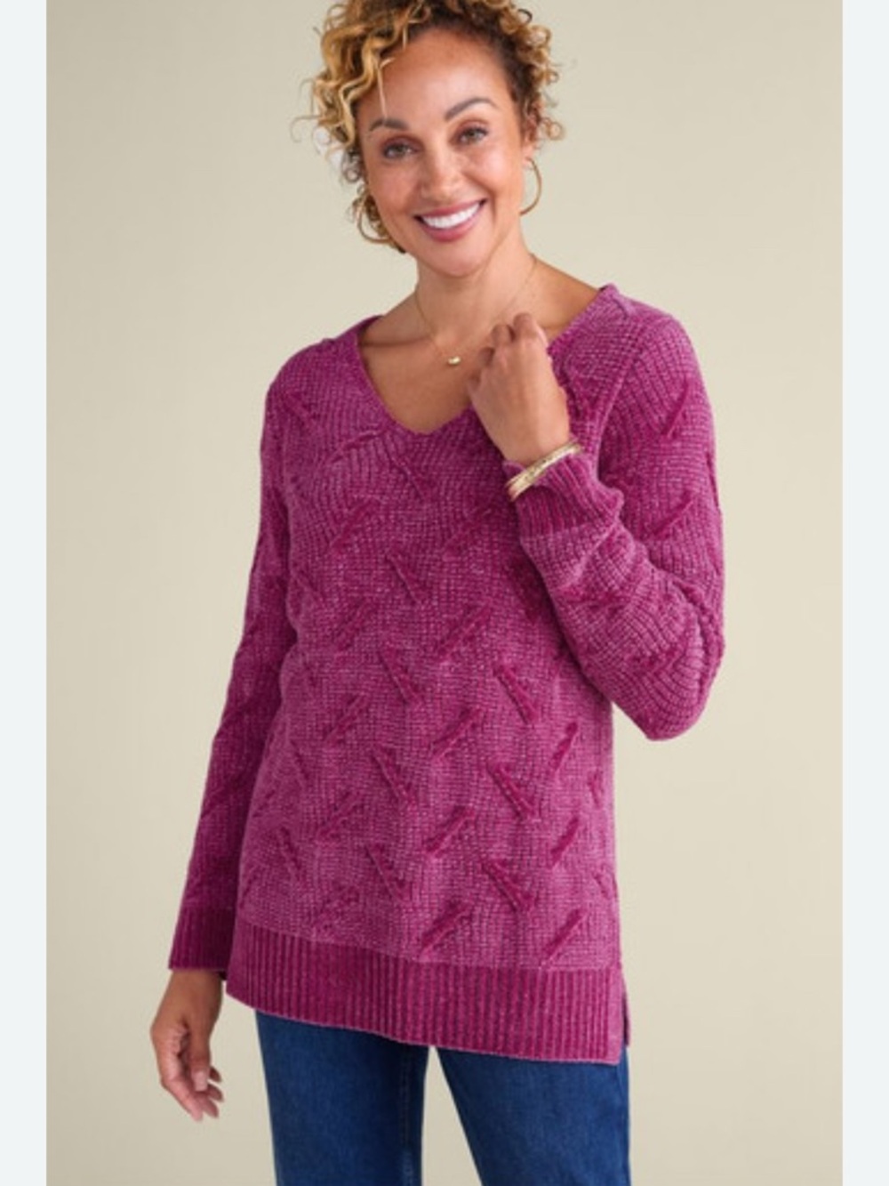 Soft surroundings large Cozy V-Neck Chunky Knit Sweater - Berry Pink